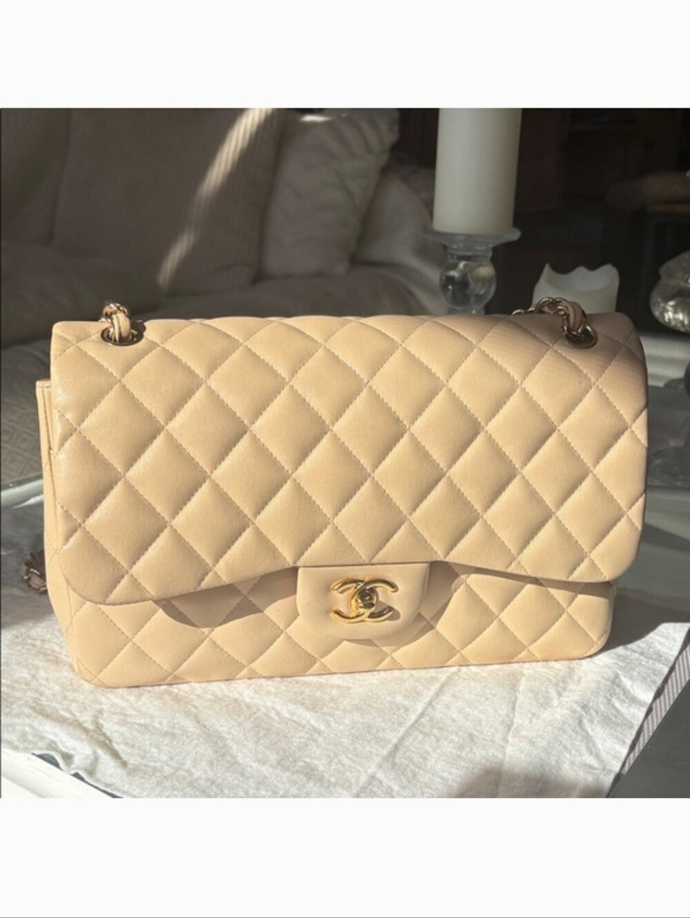 Chanel Authentic Quilted Double Flap Shoulder Bag in Beige